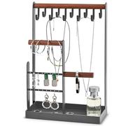ProCase Porte Bijoux Présentoir à Bijoux en Metal et Bois Durable avec Plateau et Crochets, Organisateur de Bijoux -Gris