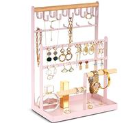 ProCase Porte Bijoux Présentoir à Bijoux en Metal et Bois Durable avec Plateau et Crochets, Porte Collier Boucles d’Oreille, Organisateur de Bijoux -Rose