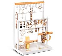 ProCase Porte Bijoux Présentoir à Bijoux en Metal et Bois Durable avec Plateau et Crochets, Porte Collier Boucles d’Oreille, Organisateur de Bijoux -Blanc