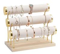 ProCase Support de bracelet en forme de T à 3 étages - Amovible - Support de bijoux - En velours - Avec base en bois - Pour bracelets, pinces à cheveux, montres - Beige