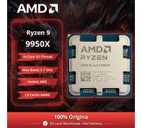 Processeur AMD Ryzen 9 9950X 16 cœurs, fréquence maximale de 5,7 GHz, cache L3 de 64 Mo, socket AM5, DDR5, TDP de 170 W, série R9 9000 sans ventilateur