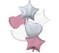 Procos 92449 - Lot de 6 Ballons gonflables en Aluminium avec étoiles et cœurs, Taille 46 cm, l'hélium, Ballon d'anniversaire, décoration, Cadeau