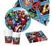 Procos - Avengers Vaisselle pour Enfants, Décoration de Super Héros pour Anniversaire, Baptême, Communion (Verres, Assiettes, Serviettes, Nappes) Jetable 8 Personnes 37 Pièces