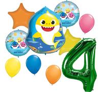 Procos Bouquet de ballons pour 4ème anniversaire Bébé requin | Lot de 10 ballons en aluminium et latex, comprend un ballon en forme de chiffre 4, des personnages bébé requin