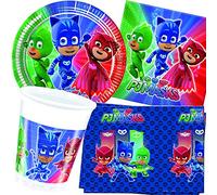 Procos/Carpeta Kit de fête 62 pièces * Pyjamasques * pour anniversaire d'enfant & fête à thème | avec assiettes, gobelets, serviettes et nappe | Motif Catboy pyjama