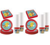 Procos - Décoration d'anniversaire Pokemon, 52 pièces, assiettes en carton, gobelets et serviettes pour anniversaire d'enfant, vaisselle de fête (Lot de 2)