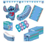 Procos Décoration d'anniversaire Stitch, pièces, contient 8 assiettes gobelets en carton, 20 serviettes, nappe, guirlande, ballon en plastique, 8 sacs de fête, DY10183588, Blue, SET 2 (55-teilig)