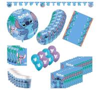 Procos Décoration d'anniversaire Stitch, pièces, contient 8 assiettes gobelets en carton, 20 serviettes, nappe, guirlande, ballon en plastique, 8 sacs de fête, DY10183592, Blue, SET 6 (55-teilig)