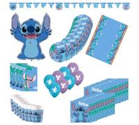 Procos - Décoration d'anniversaire Stitch, set de 55 pièces, contient 8 assiettes en carton, 8 gobelets en carton, 20 serviettes, nappe, guirlande, 8 ballons, un ballon en plastique, 8 sacs de fête