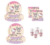 Procos - Hello Kitty & Kuromi décoration d'anniversaire, 52 pièces, assiettes en carton, gobelets et serviettes pour anniversaire d'enfants, vaisselle de fête