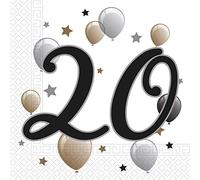 Procos Lot de 20 serviettes en papier imprimées "20 ans" étoiles et ballons 33x33 cm 10232057, Argent,Or, Centre