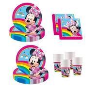 Procos - Minnie Mouse Rainbow Décoration d'anniversaire, 52 pièces, assiettes en carton, gobelets et serviettes pour anniversaire d'enfant, vaisselle de fête