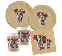 Procos - Set de fête pour Enfant éléphant compostable, Assiettes, gobelets, Serviettes, décoration de Table, Anniversaire d'enfant, Barbecue, fête à thème.