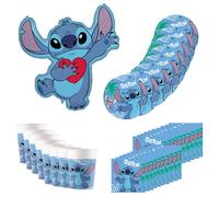 Procos - Vaisselle de fête Disney Stitch, 37 pièces de décoration d'anniversaire comprenant 8 assiettes en carton, 8 gobelets en carton, 20 serviettes et un ballon en plastique, décoration de table