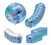 Procos - Vaisselle de fête Disney Stitch, 37 pièces de décoration d'anniversaire comprenant 8 assiettes en carton, 8 gobelets en carton, 20 serviettes et un ballon en plastique, décoration de table