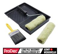 ProDec Lot de 5 Articles Robustes 225 mm x 44 mm, 2 Rouleaux de maçonnerie, Monture, Pinceau 100 mm et bac pour peintures de maçonnerie Lisses et texturées sur Murs extérieurs