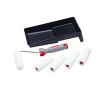 ProDec Lot de 7 articles, 5 mini-rouleaux mousse 100mm, monture poignée souple et bac, finition lisse, peinture brillante/satinée sur plinthe, rebord de fenêtre, porte à panneaux, placard, métal, etc