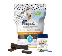 ProDen PlaqueOff Hygiène Bucco-Dentaire pour Chiens - Lot Poudre Dentaire 60 g et 13 Os Poulet Citrouille, Routine Réduction du Tartre, Plaque, Mauvaise Haleine, Friandises + Soin Quotidien
