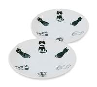 Product of Gifu Japan Mino Ware Lot de 2 assiettes à dîner légères en céramique japonaise Passe au micro-ondes et au lave-vaisselle Motif chats assis 23,4 cm