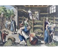 Production de soie en Europe au XVIe siècle Récolte des feuilles de mûrier et alimentation des vers à soie. De Vermis Sericus une série de gravures de Karel van Mallery d'après une œuvre de Jan van