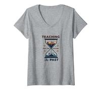 Professeur d'études sociales : enseigner Le passé pour l'avenir T-Shirt avec Col en V, Femme, Gris Chiné, M