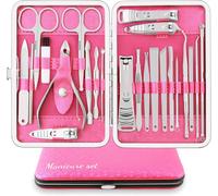 Professional Manicure Pedicure Cuticle Cutter Kit Stainless Steel Manicure Pedicure Set Of 23 With Exquisite Box (Pink/Silver)