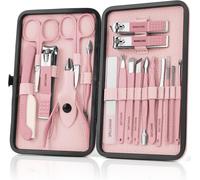 Professional Manicure Pedicure Kit 18 Pieces,Nail Cuticle Cutter And Nail Cuticle Cutter,Nail Cutting And Polishing Tools,Complete Manicure Kit With Box For Travel And Home (Pink)