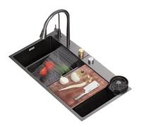 Professional Stainless Steel Waterfall Kitchen Sink Workstation with Glass Washer & High-Pressure Pull-out Faucet - Sleek 85 x 45 x 21 cm Countertop Design