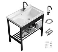 Professionnel Extérieur Évier de Jardin, Céramique avec Etagère Rangement et Tuyau De Vidange, Bac À Linge/lavabo Autoportant, pour Salle Lavage,Salle Bain,71×48×83cm