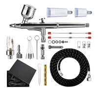 Professionnel Pistolet Aerographe Kit, Double Action, Filtre, Porte, Tuyau, Mini Clé, Compte-Gouttes, Kit Nettoyage, 0,2/0,3/0,5 mm Buse Airbrush Accessoires