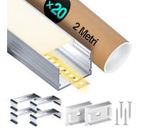Profile alu pour ruban led 2m x 20 (40m) Pour for LED Strips up to 25 mm, Profilés en aluminium, Couvercle Blanc Laiteux à Pression, Avec End Caps et Metal Mounting Clips, Vis - 2000 x 30 x 20 mm