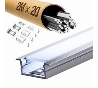 Profile alu pour Ruban LED avec Rebords 2m x 20pcs, Profilé LED Encastrable avec diffuseur de lumière en PC, Profile Led en U, Clips, Embouts, Éclairage Indirect Plafond