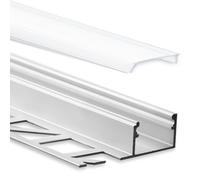 Profilé en aluminium pour carrelage LED - 2 m - Avec Cache - Carrelage - Aluminium pour bandes LED jusqu'à 12 mm de largeur - 2000 mm de longueur (profilé de finition - Couverture satinée/laiteuse).