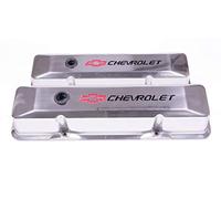 ProForm Lot de 2 cache-valves, moulés sous pression, haut, déflecteur, trou de reniflard, logo nœud papillon Chevrolet, aluminium, poli, petit bloc Chevy, paire (141-108)