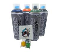 PROGAL COLORS DOPE CLASSIC Lot de 4 sprays Graffiti Acrylique 400 ml Basse Pression 4 Couleurs : Orange, Noir, Bleu, Vert Foncé avec 3 Buses de Rechange Peinture Acrylique Urban Art