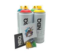 PROGAL COLORS NBQ H2O Peinture en aérosol à base d'eau, couleurs vives, rouge, vert, jaune, bleu, 400 ml, séchage rapide, finition mate, 4 canettes avec 3 buses de rechange + 1 autocollant