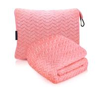 Proglobe Couverture de Voyage Douce & Chaude pour Avion & Voiture - Indispensable pour Les Longs Vols pour Femmes, Hommes, Enfants - Oreiller Compact avec Housse de Bagage & Clip pour Sac à Dos, Rose