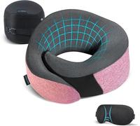 Proglobe Ensemble d'oreillers de voyage d'avion rose, oreiller cervical en mousse à mémoire de forme 100 % pure, matériau mis à jour, kit de voyage long-courrier avec masques pour les yeux 3D profilés