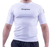 Progress Jiu Jitsu Academy Rashguard à manches courtes | BJJ Rashguard flexible et durable | Haut de compression anti-humidité pour homme et femme | 80 % polyester/20 % élasthanne blanc L