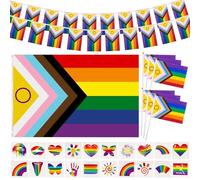 Progress Pride Ensemble de drapeaux arc-en-ciel 3 x 5 m Guirlande de fanions Tatouages de fierté Parade Gay Décoration de fête 47 pièces