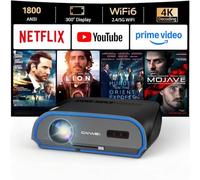 Projecteur intelligent 4K HDR, True 1800ANSI haute luminosité intérieur de | WiFi, Bluetooth, zoom numérique précis, 2 HDMI/USB, montage au plafond, cinéma maison, jeux vidéo, bureau, extérieur