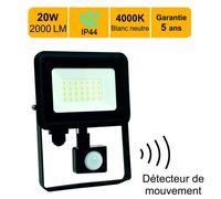 Projecteur LED 20W 2000 LM 4000K IP44 avec détecteur - garantie 5 ans