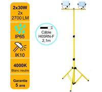 Projecteur LED de chantier 2x30W 2x2700lm 4000K avec trépied ajustable - garantie 5 ans