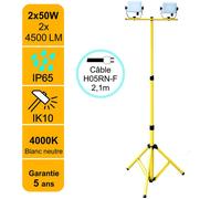 Projecteur LED de chantier 2x50W 2x4500 LM IP65 4000K câble 2,1M sur trépied ajustable