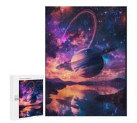 Projet Puzzle du W nd - Galactic Reflections Saturn's Majesty Over Water -1, Puzzle Artistique en Bois, 500 PCS, avec Une Image Décorative Une Fois Terminé
