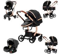 Prokoke Cuir PU Poussette 3 en 1, Poussette avec Réversible Deux Façons de Pousser, Pousette 3 en 1 avec Alliage d'aluminium à Cadre, Poussette Canne avec Conception Pliable en Un Clic (Black 518)
