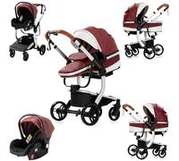 Prokoke Cuir PU Poussette 3 en 1, Poussette avec Réversible Deux Façons de Pousser, Pousette 3 en 1 avec Alliage d'aluminium à Cadre, Poussette Canne avec Conception Pliable en Un Clic (Red 518)