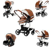 Prokoke Cuir PU Poussette 3 en 1, Poussette Bebe avec Conception Pliable en Un Clic, Poussette Combinée Réversible Deux Façons de Pousser, Poussette Citadine Alliage d'aluminium à Cadre (Khaki 518)
