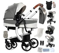 Prokoke Cuir PU Poussette 3 en 1, Poussette Bebe avec Conception Pliable en Un Clic, Poussette Combinée Réversible Deux Façons de Pousser, Poussette Citadine Alliage d'aluminium à Cadre (Grey 518)
