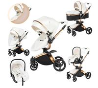 Prokoke Cuir PU Poussette 3 en 1, Poussette Bebe avec Siège Réglable Rotation à 360°, Pousette 3 en 1 avec Alliage d'aluminium à Cadre, Poussette Canne avec Conception Pliable en Un Clic (906 White)